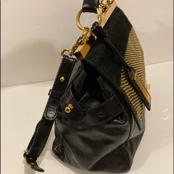 Black Leather Badgley Mischka Handbag Gold Detail - Picture 2 of 9